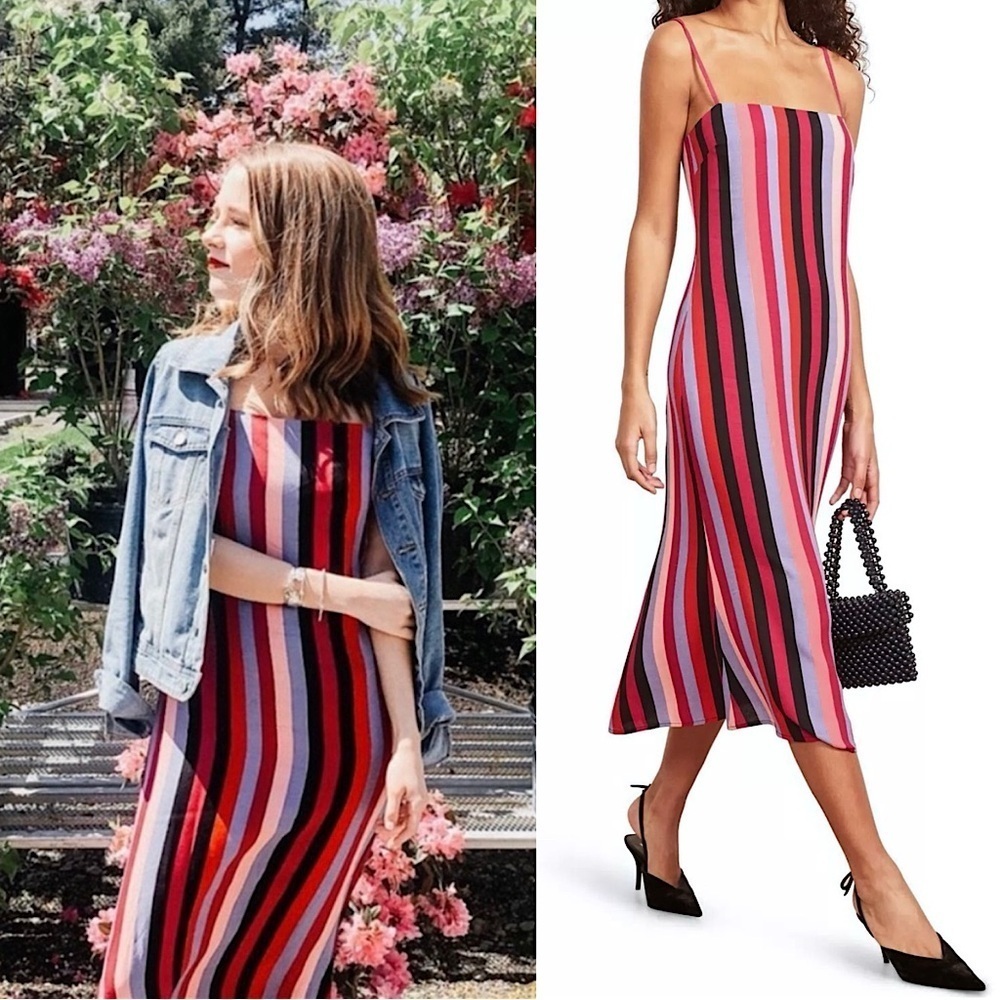 REFORMATION 90s Graphic Colorblock Stripe‎ Square Neck Sleeves Midi Slip Dress 0